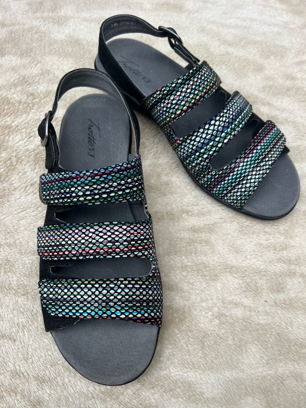 Trotters Women's Black Sandals with Multicolor Woven Straps